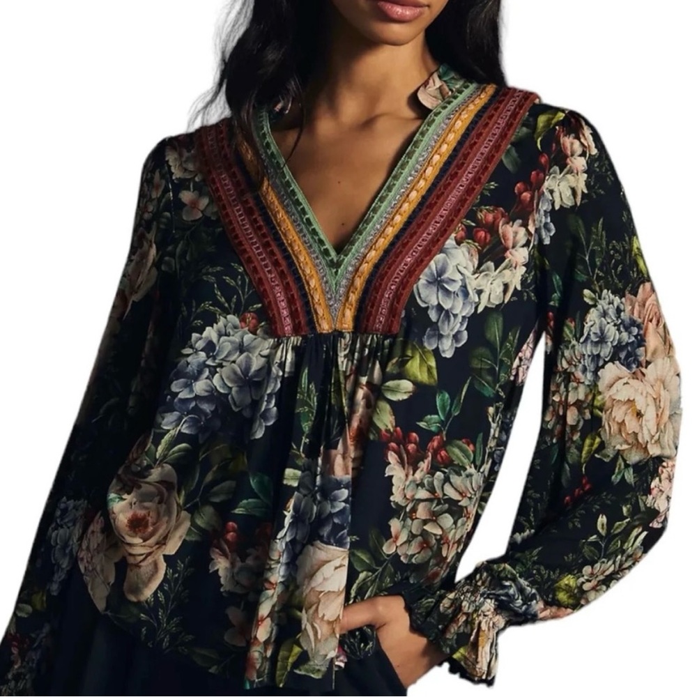 Anthropologie Blank London black floral ribbon shirt XXS runs big EEUC